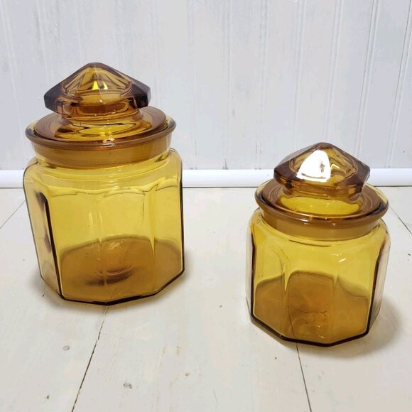 Vtg LE Smith 10 Panel Amber Glass Apothecary Lid Jar 5.25 & 7.25 Canister Set 2‎ - Picture 9 of 12
